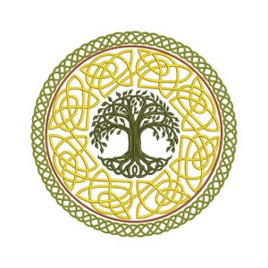 May include: Circular design featuring a green tree at the center, surrounded by yellow Celtic knot patterns. The design is framed by a green border with a brown inner ring, all set against a white background. The artwork evokes a sense of nature and Celtic heritage.