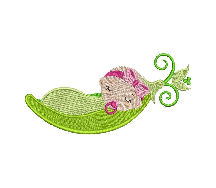 Pea Baby Girl Design for embroidery machine. 7'' and 8'' files. Instant download. Kids and baby embroidery design. Peapod embroidery pattern