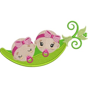 May include: Two baby dolls with pink bows and pacifiers are nestled inside a green pea pod with a green vine and leaves.