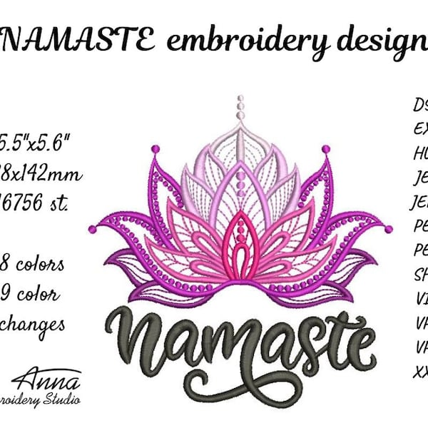 Namaste embroidery design for 6'' hoop. Multicolor design for embroidery machine. All formats. Instant download. Hindu. Lotus. Good vibes.