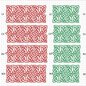 May include: A diagram showing different variations of a Celtic knot pattern. The pattern is shown in three colors: red, green, and blue. The diagram is labeled with the words "Left Motives", "Central Motives", "Right Motives", and "Whole Motives".