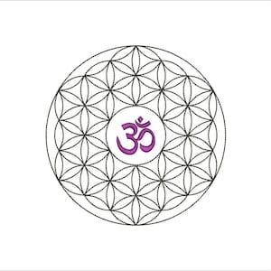 May include: A black and white flower of life mandala with a purple Om symbol in the center.