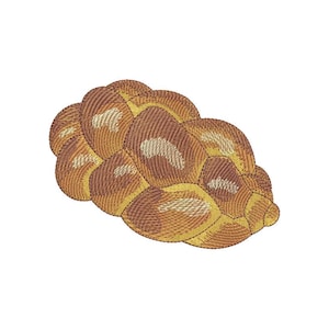 May include: An embroidered design of a braided loaf of bread, featuring shades of brown and gold. The detailed stitching creates a textured appearance, perfect for fabric crafts and culinary-themed projects.