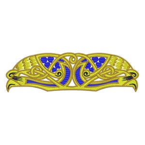 May include: A gold and blue Celtic knot design, featuring intricate interwoven patterns. The design has a symmetrical shape with curved lines and stylized bird-like elements. The embroidery is on a white background.