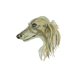 May include: An embroidery design featuring the profile of a Saluki dog head. The dog has long, flowing, light brown and tan fur, a slender snout, a dark nose, and a focused amber eye. The stitching creates a textured, detailed appearance.