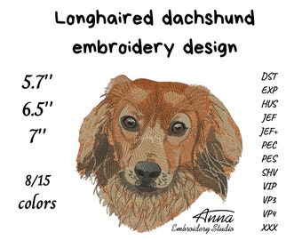 Long haired dachshund. Embroidery design for dog lovers. Design for embroidery machine. 5,5'', 6,5'',7''. All formats. Digital pattern.