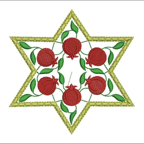 Star of David embroidery design. Design for embroidery machine. 3 sizes. Judaica. Jewish style. Pomegranates.