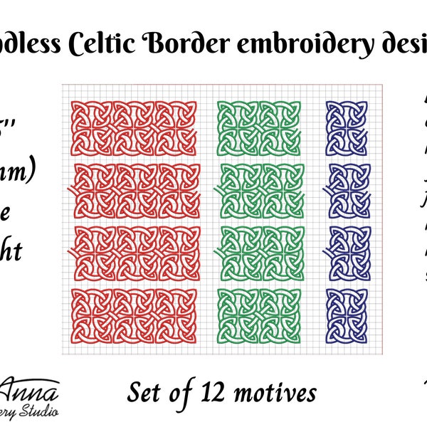 Endless Celtic Border. Set of 12 motives. Design for embroidery machine. The hight is 3.5'' (88mm). Embroidery design. All formats.