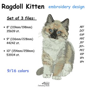 Puede incluir: Un dise&ntilde;o de bordado Ragdoll Kitten que incluye un set de 3 archivos en tama&ntilde;os de 119mm/198mm, 136mm/228mm y 154mm/258mm con 9/16 colores. La imagen muestra una ilustraci&oacute;n bordada detallada de un gatito con ojos azules y pelaje beige, marr&oacute;n y blanco.