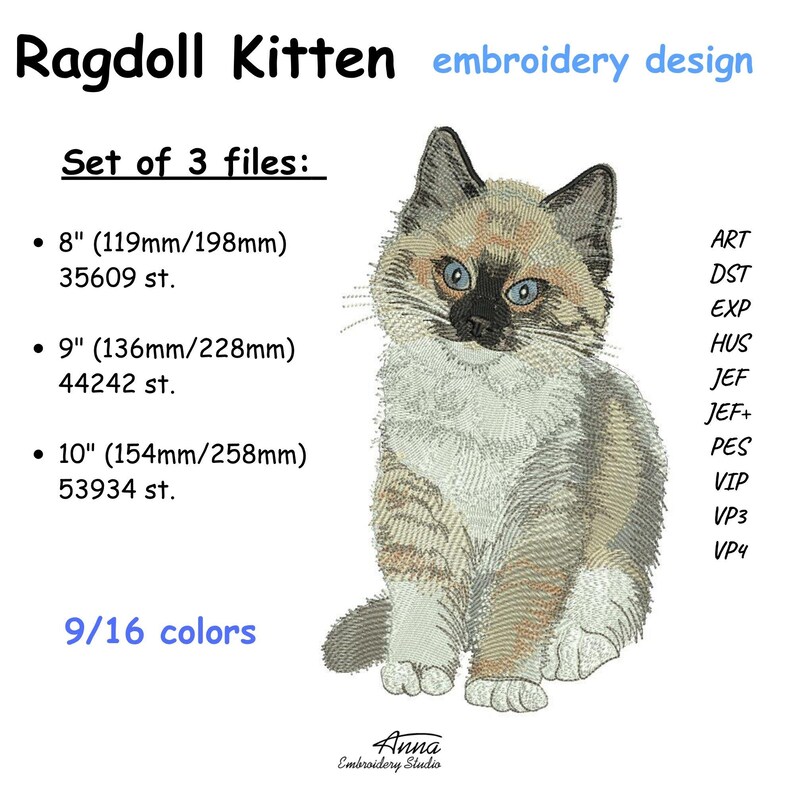 Puede incluir: Un dise&ntilde;o de bordado Ragdoll Kitten que incluye un set de 3 archivos en tama&ntilde;os de 119mm/198mm, 136mm/228mm y 154mm/258mm con 9/16 colores. La imagen muestra una ilustraci&oacute;n bordada detallada de un gatito con ojos azules y pelaje beige, marr&oacute;n y blanco.