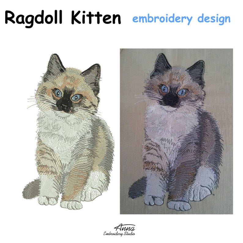 Puede incluir: Un dise&ntilde;o de bordado de un gatito Ragdoll con ojos azules, una m&aacute;scara facial de color marr&oacute;n oscuro y pelaje color crema con marcas atigradas de color canela. La imagen muestra el patr&oacute;n digital a la izquierda y la versi&oacute;n bordada.