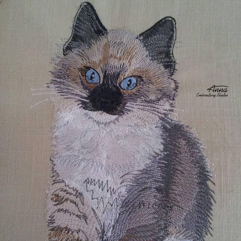 Puede incluir: Un dise&ntilde;o de bordado sobre tela beige que muestra un gato de estilo siam&eacute;s con ojos azules, orejas de color marr&oacute;n oscuro, una m&aacute;scara facial marr&oacute;n oscuro y pelaje de color marr&oacute;n claro y gris. El texto Anna Embroidery Studio est&aacute; bordado en negro.