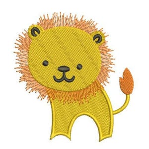 May include: Embroidered lion design in yellow and orange. The lion has a yellow body, a round head with a yellow face, and an orange mane. The lion's tail is orange, and it has a black nose and eyes.