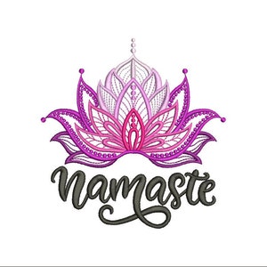 May include: A pink and purple lotus flower with intricate details and the word "Namaste" written in black script below.