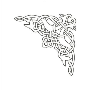 May include: Black and white Celtic knot corner design. The intricate artwork features interwoven lines and stylized bird and leaf motifs, creating a decorative border element. The design is suitable for various craft projects.