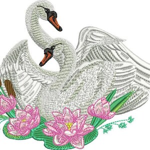 Pair of Swans embroidery designs 7'', 8'' and 9''. Design for computer embroidery machine. Romantic style. Instant download. All formats