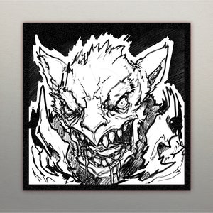 May include: A black and white illustration of a snarling, monstrous creature with sharp teeth and pointed ears. The artwork features detailed linework, creating a menacing and intense expression. The creature's face is framed by a black border.