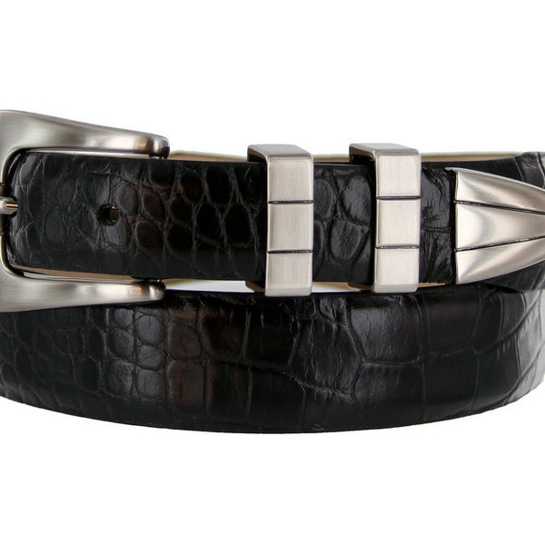 Black Italian Calfskin Genuine Leather Belt - 1 1/8'' Wide Alligator Print Dress Belt - Father's Day Gift Idea Golf Silver Buckle Keeper