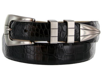 Black Italian Calfskin Genuine Leather Belt - 1 1/8'' Wide Alligator Print Dress Belt - Father's Day Gift Idea Golf Silver Buckle Keeper