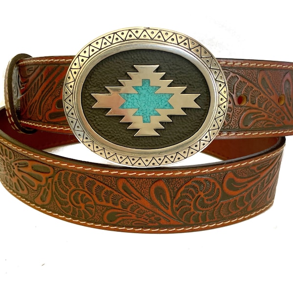 Southwestern Brown Tooled Leather Belt - Turquoise Inlay Belt Buckle - Removable Strap Western Style Embossed 100% Full Grain Made in USA