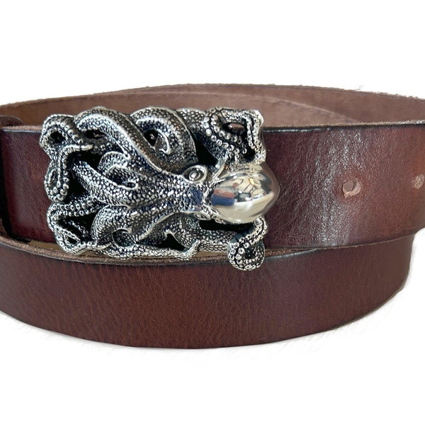 Silver Octopus Brown Genuine Leather Belt - Nautical Belt Buckle Removable Strap Western Style Embossed 100% Full Grain Made in USA - Womens