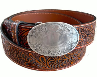 Tooled Brown Leather Belt - Removable Belt Strap - USA Silver Large Oval Engraved Western Buckle - Trophy Riding Vaquero - Strap Brown Mens