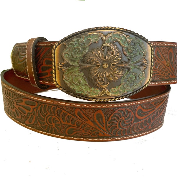 Women's Copper and Turquoise Patina Belt - Western Style - Tooled Embossed Snap on Strap - Ladies - Removable Buckle Strap Engraved Floral