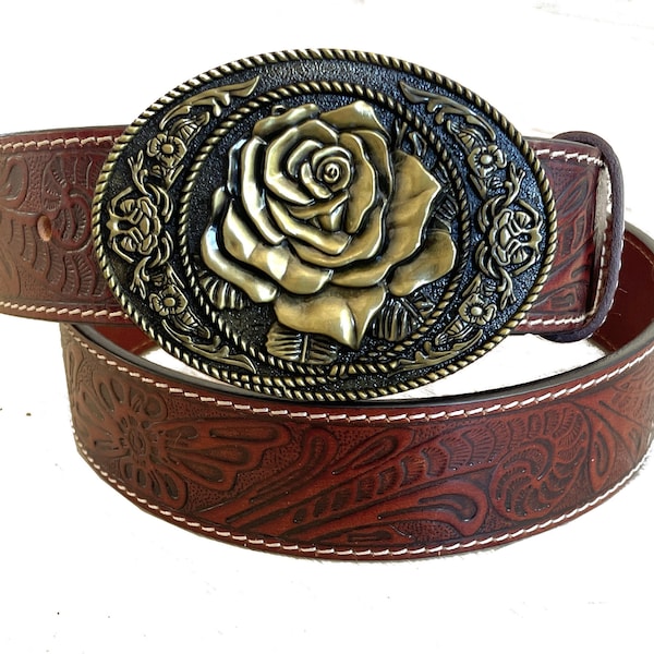 Rose Buckle Tooled Leather Belt - Golden Floral Womens Trophy Belt - USA MAde - Jeans Casual Rodeo Cowgirl - Flower Ladies Jeans Cinch