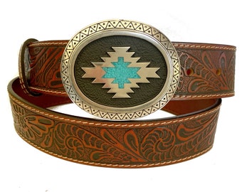 Southwestern Brown Tooled Leather Belt - Turquoise Inlay Belt Buckle - Removable Strap Western Style Embossed 100% Full Grain Made in USA