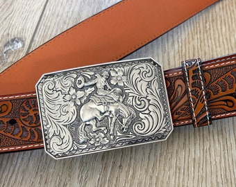 Tooled Western Genuine Leather Belt - Bronco Rodeo Rider Horse Snap on Buckle - Engraved Silver Western Riding Style - Cowboy Cowgirl