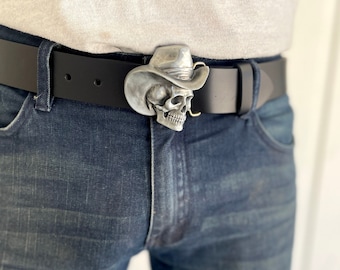 Silver Skeleton Cowboy Black Genuine Leather Belt -  Removable Snap on Buckle - Gothic Western Urban Cowboy Genuine Casual Skull Scary Dead