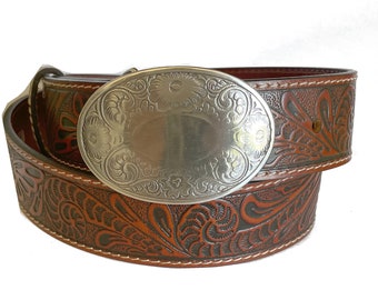 Tooled Brown Leather Belt - Removable Belt Strap - USA Silver Large Oval Engraved Western Buckle - Trophy Riding Vaquero - Strap Brown Mens