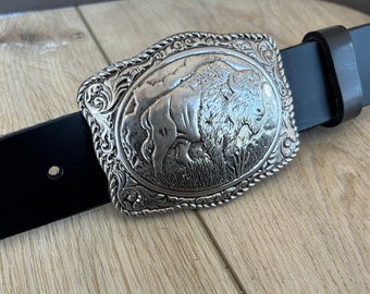 Buffalo Black Leather Belt - Removable Belt Strap - USA Silver Large Engraved Western Buckle - Animal Trophy Riding Strap Brown Mens