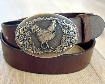 Rooster Brown Leather Belt - Engraved Oval Trophy Belt - USA Made - Jeans Casual Chicken Cowgirl - Flower Ladies Jeans Cinch Western Wear