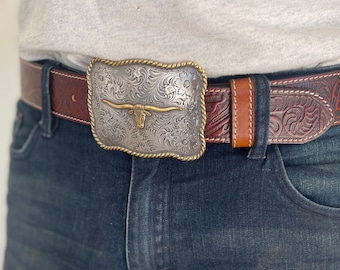 Steer Head Buckle Tooled Brown Leather Belt - Removable Belt Strap - USA Silver Large Engraved Western Buckle Trophy Riding Strap Brown Mens
