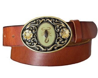 Real Scorpion Southwestern Brown Leather Belt - Removable Belt Strap - Blue Cabochon Preserved Scary Mexico Tail Pincher - Strap Brown Mens
