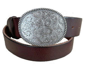 Brown Western Genuine Leather Belt - Snap on Buckle - Engraved Silver Oval Western Riding Style - Trophy - Mens Womens Casual Dress - T