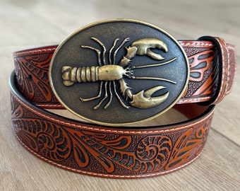 Lobster Tooled Leather Belt - Engraved Oval Belt Nantucket Nautical USA Made Fisherman Claw Ocean Fishing Brass Jeans Cinch Western Wear