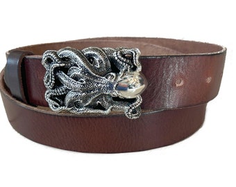 Silver Octopus Brown Genuine Leather Belt - Nautical Belt Buckle Removable Strap Western Style Embossed 100% Full Grain Made in USA - Womens