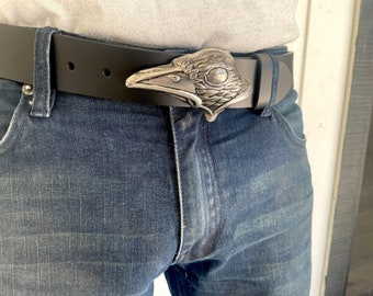 Crow Head Black Genuine Leather Belt - Bird Raven Silver Engraved -  Removable Snap on Buckle - Gothic Western Urban Cowboy Genuine Casual