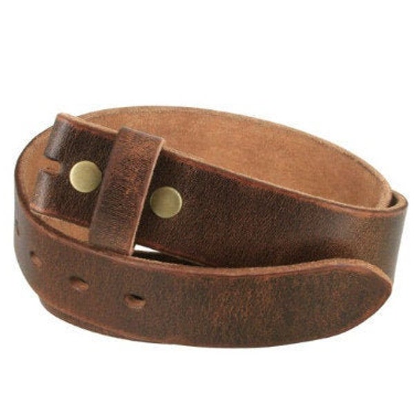 Distressed Dark Brown Leather Snap Belt Strap - 1.5'' - Strap Genuine Cow Hide - Vintage Style - Mens Womens Brass Snaps Removable Casual