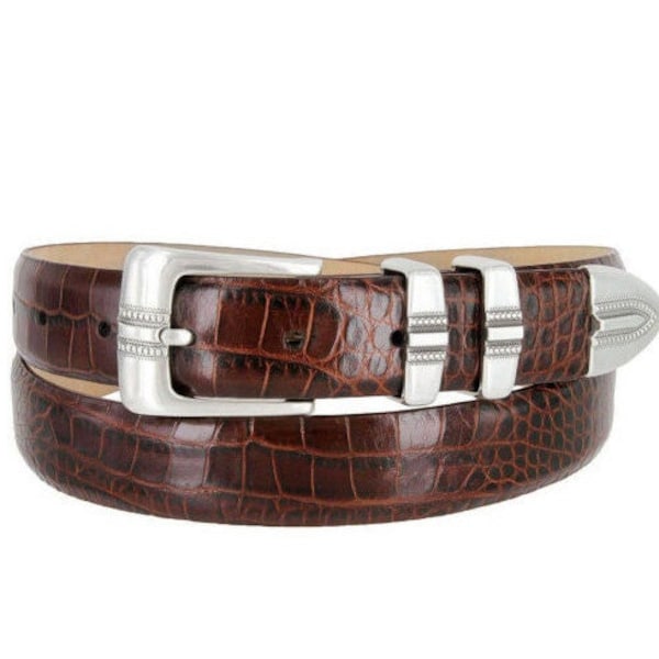 Italian Calfskin Genuine Leather Belt - 1 1/8'' Wide Crocodile Print Embossed Dress Belt - Father's Day Gift Idea Golf Silver Buckle Keeper