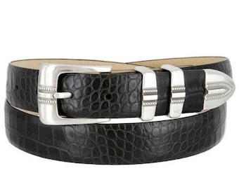 Italian Calfskin Genuine Leather Belt - 1 1/8'' Wide Crocodile Print Embossed Dress Belt - Father's Day Gift Idea Golf Silver Buckle Keeper