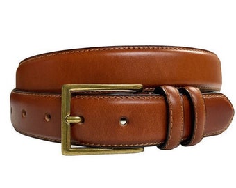 Tan Italian Calfskin Genuine Leather Belt - 1 1/8'' Wide - Brown Dress Belt - Father's Day Gift Idea Golf - Brass Gold Buckle