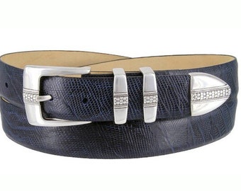 Navy Italian Calfskin Genuine Leather Belt - 1 1/8'' Wide Alligator Print Dress Belt - Father's Day Gift Idea Golf Silver Buckle Keeper