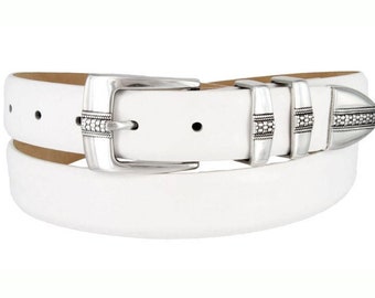 White Italian Calfskin Genuine Leather Belt - 1 1/8'' Wide Print Dress Belt - Father's Day Gift Idea Golf Silver Buckle Keeper