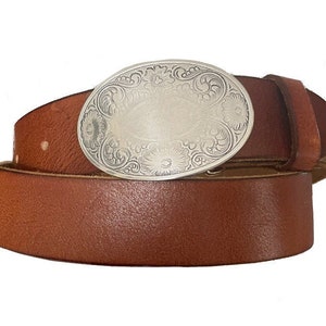 Women's Vintage Brown Western Oval Buckle Belt - Western Style - Full Grain Snap on Strap - Ladies - Removable Buckle Strap Engraved Floral