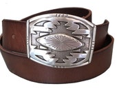Distressed Brown Southwestern Premium Leather Belt - Snap on Buckle - Engraved - Western Riding Style
