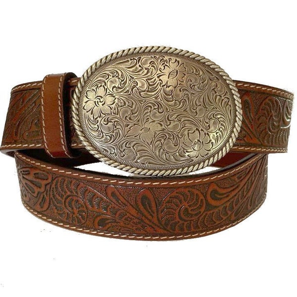 Tooled Brown Leather Belt - Removable Belt Strap - USA Silver Large Oval Engraved Western Buckle - Trophy Riding Vaquero - Strap Brown Mens