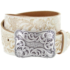 Cream Tooled Women's Leather Belt - Floral Western Strap - Silver Engraved Belt buckle Embossed White Rodeo Bling Ladies 1.5 removable strap